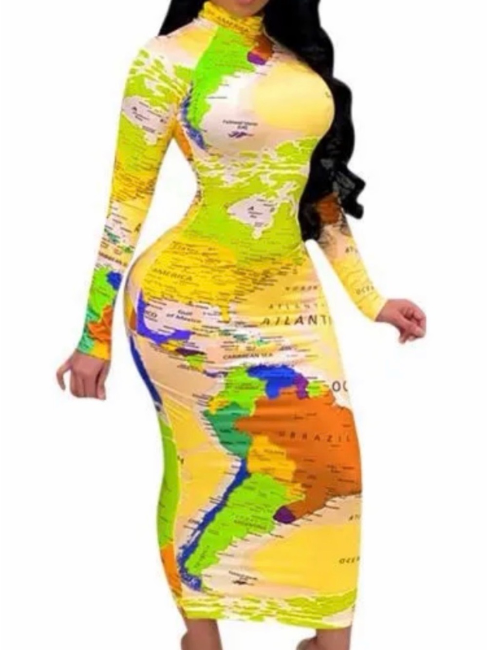 Map-Print Bodycon Midi Dress - Yellow Multi